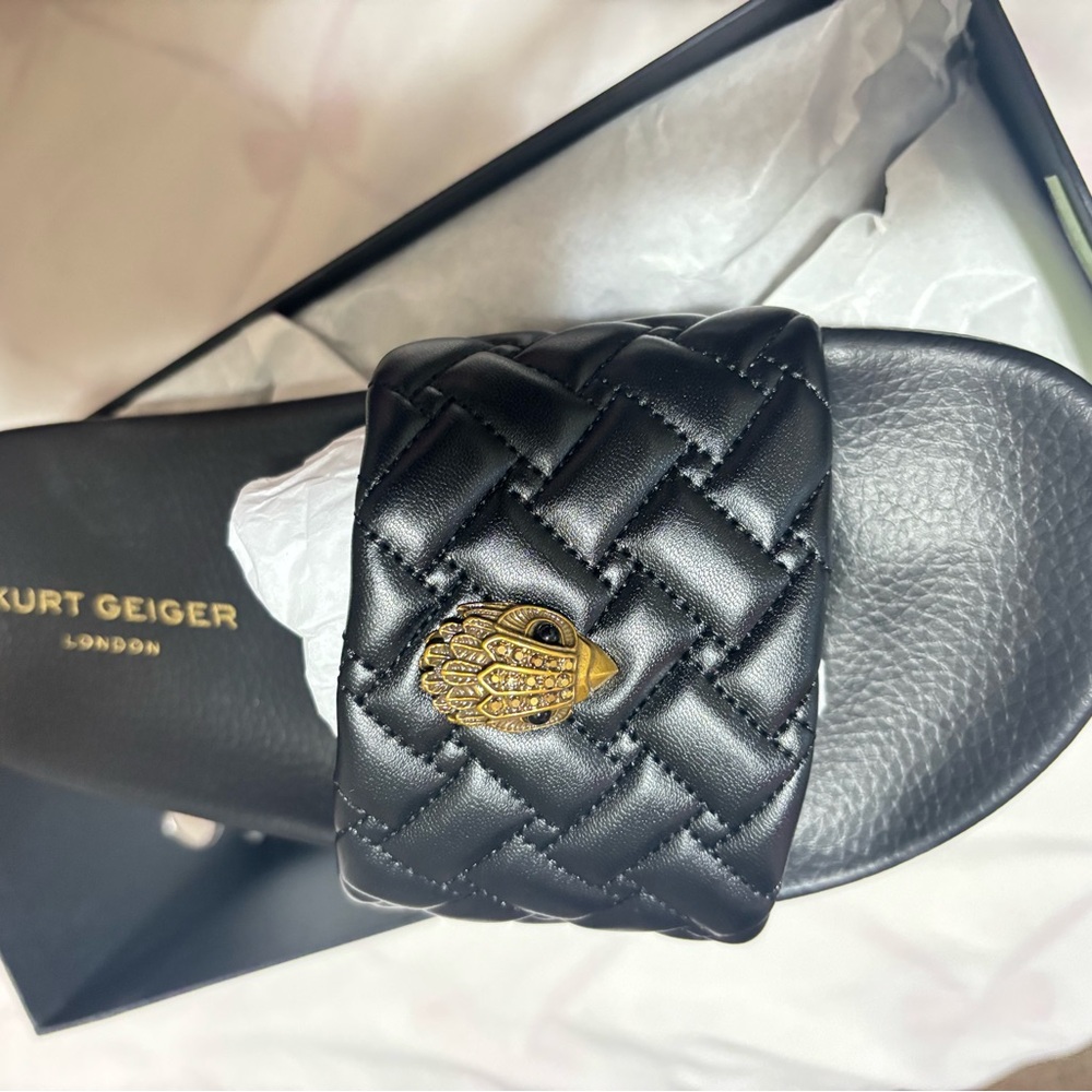 Kurt Geiger Black and Gold Quilted Slide Sandals